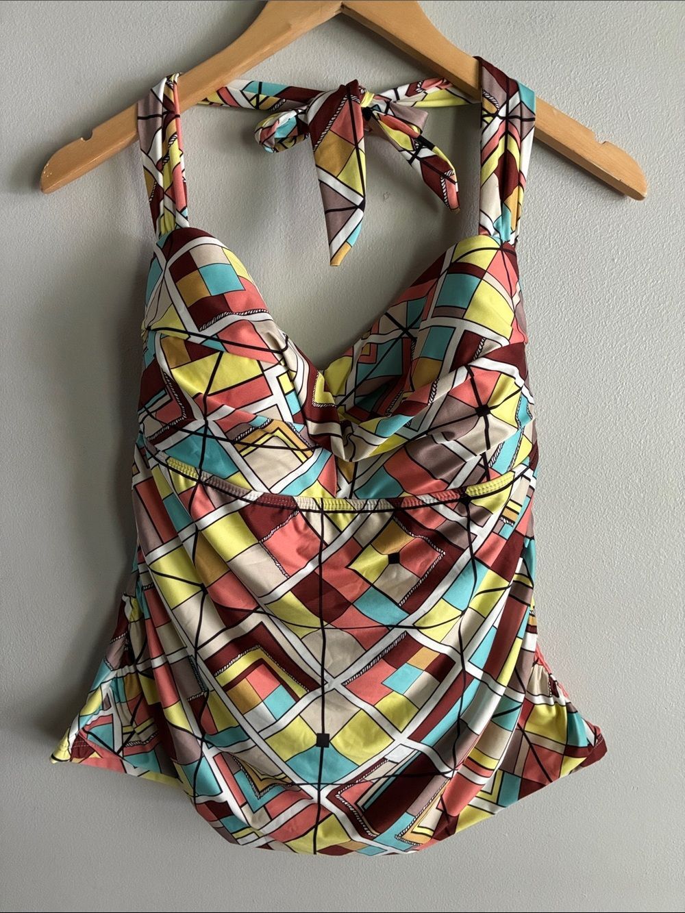 Antonio Melani Geometric Print Halter Tankini Swim Top Built In Bra Size Large